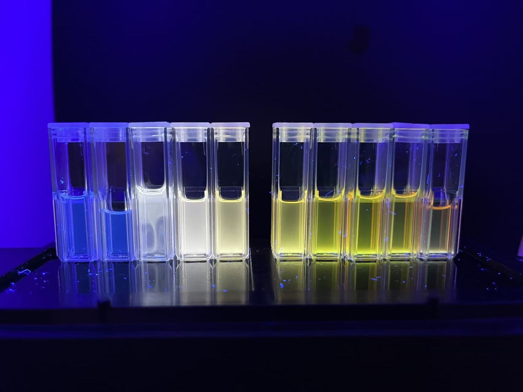 Nanotechnology samples illuminated under ultraviolet light
