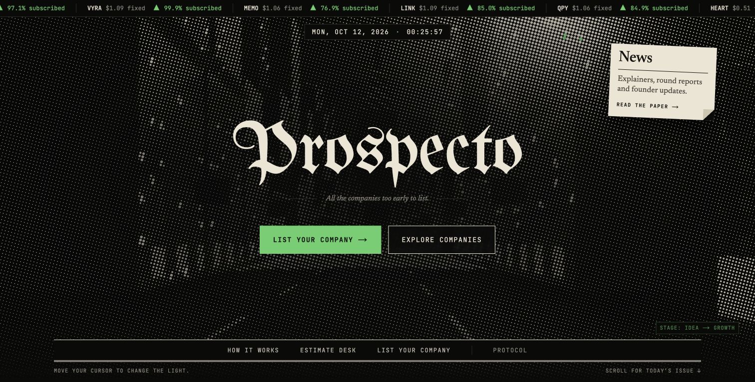 Prospecto front page with its halftone design and startup discovery links